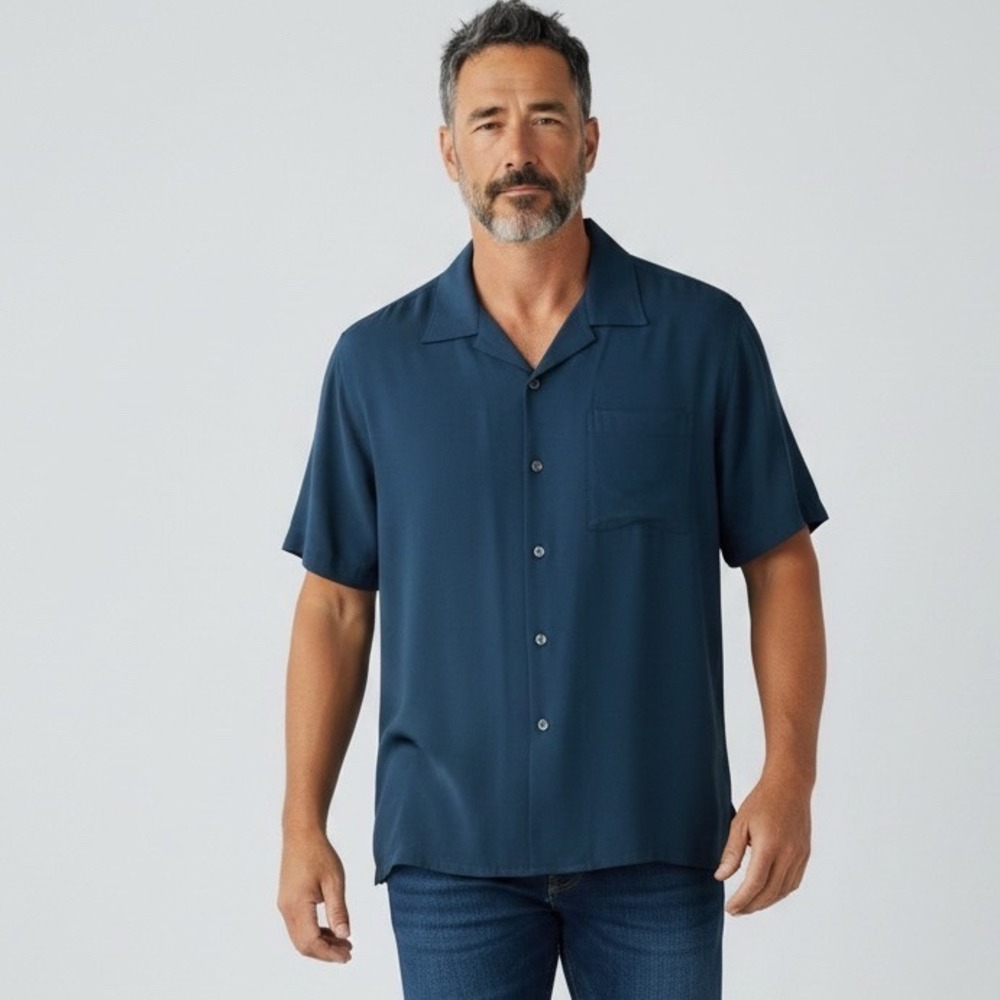 Brandini Pure Silk Shirt Mens Large Blue Teal Short Sleeve Camp Collar Button Up